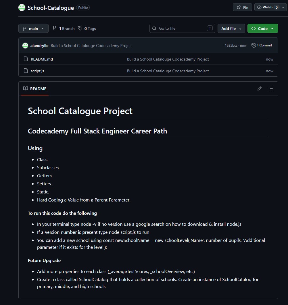 School Catalogue project built with JavaScript on GitHub
